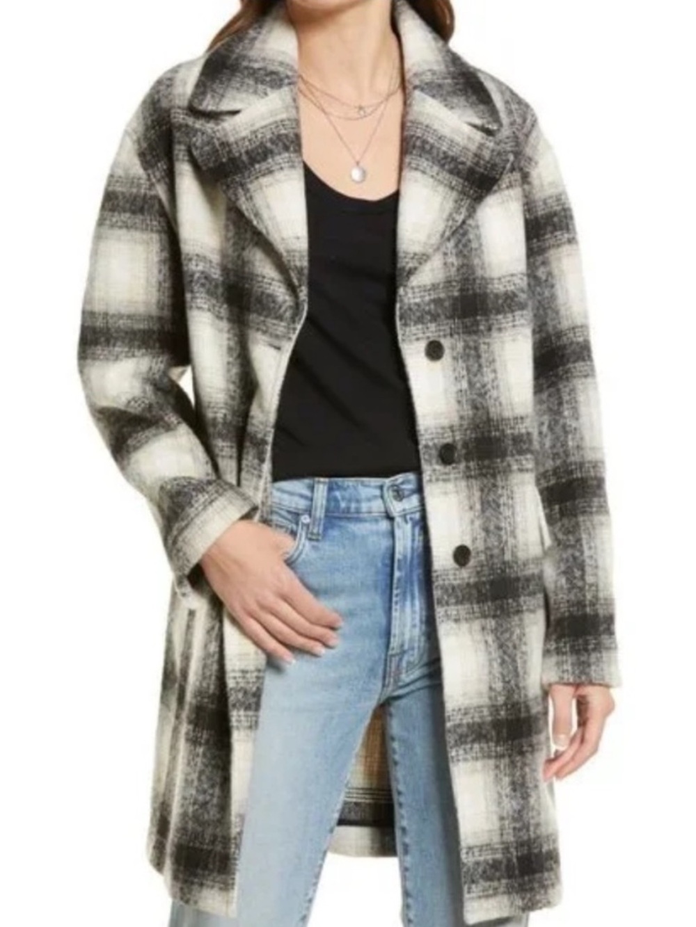 Treasure & Bond Plaid Long Coat Womens Size M Button Front Flap Pocket Duster